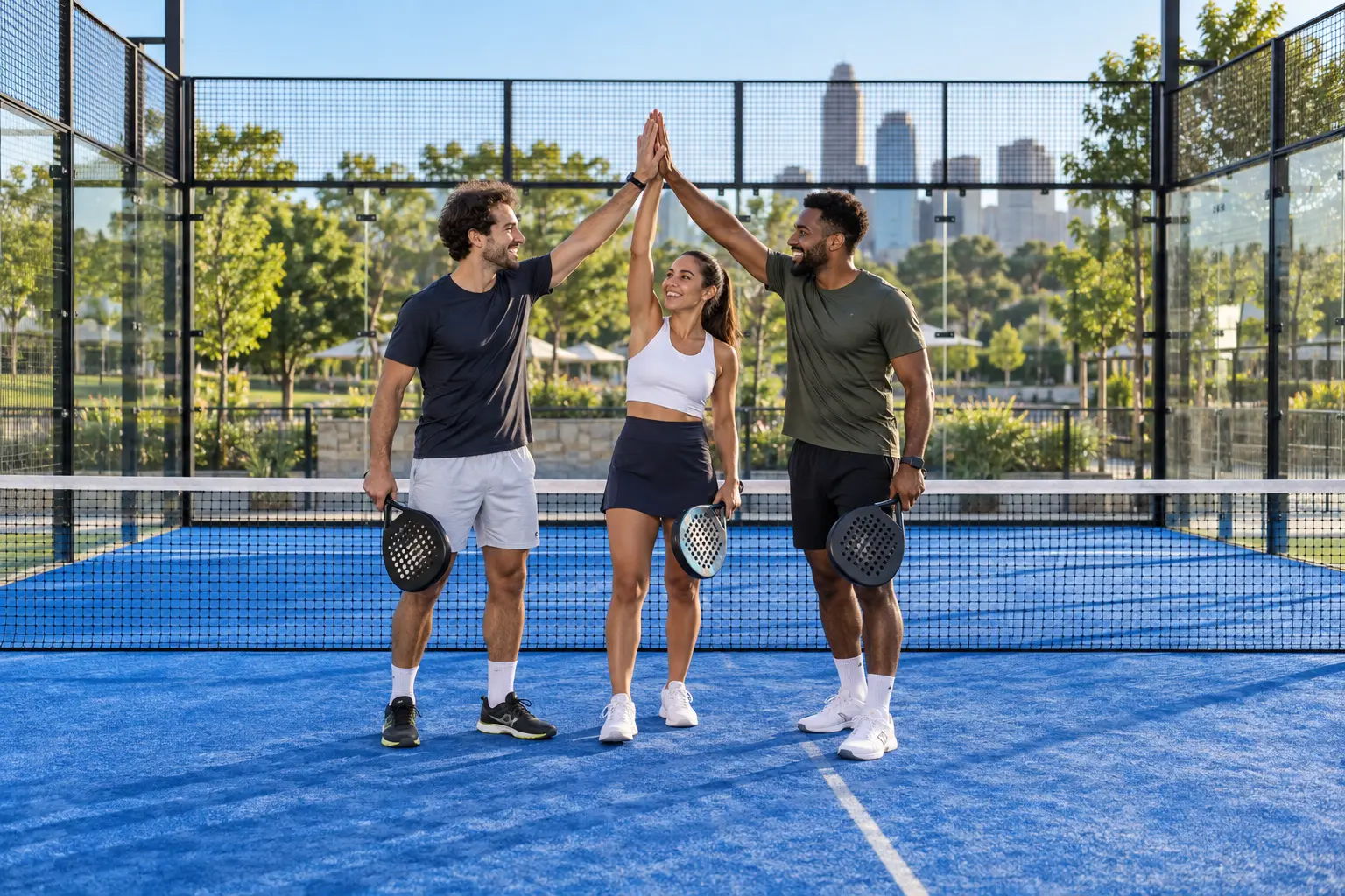 Freunde feiern nach einem Padel-Spiel · KI-generierte illustrative Bilder